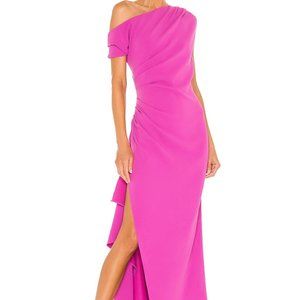 elliatt x revolve gwenyth one shoulder ruched side slit ruffle maxi gown dress